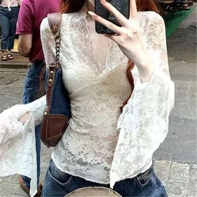 Long-Sleeve V-Neck Lace Crop Top Product Image