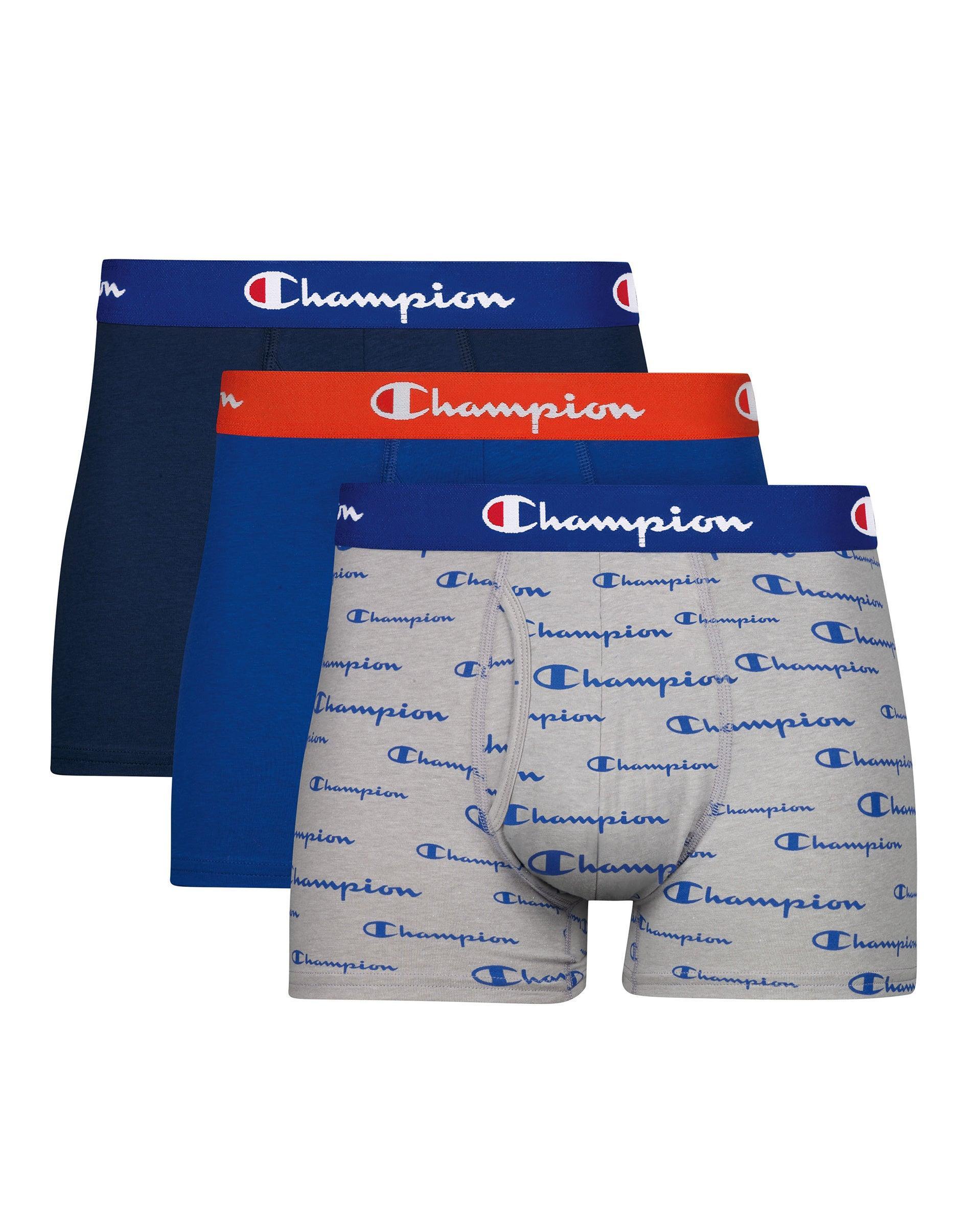 Champion Mens Trunks Pack, Moisture-Wicking, Anti-Odor, Stretch Cotton, 3-Pack, Script Allover Print Oxford Grey/Royal Logo/Royal/Royal/Orange/Bla... Product Image