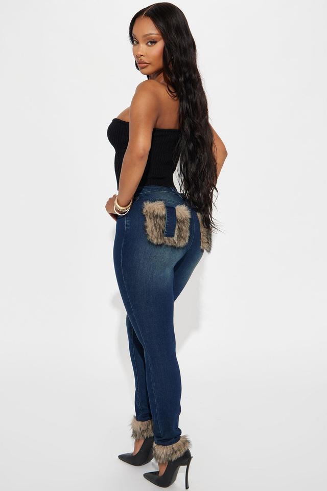 Chantel Faux Fur Trim Skinny Jeans - Dark Wash Product Image