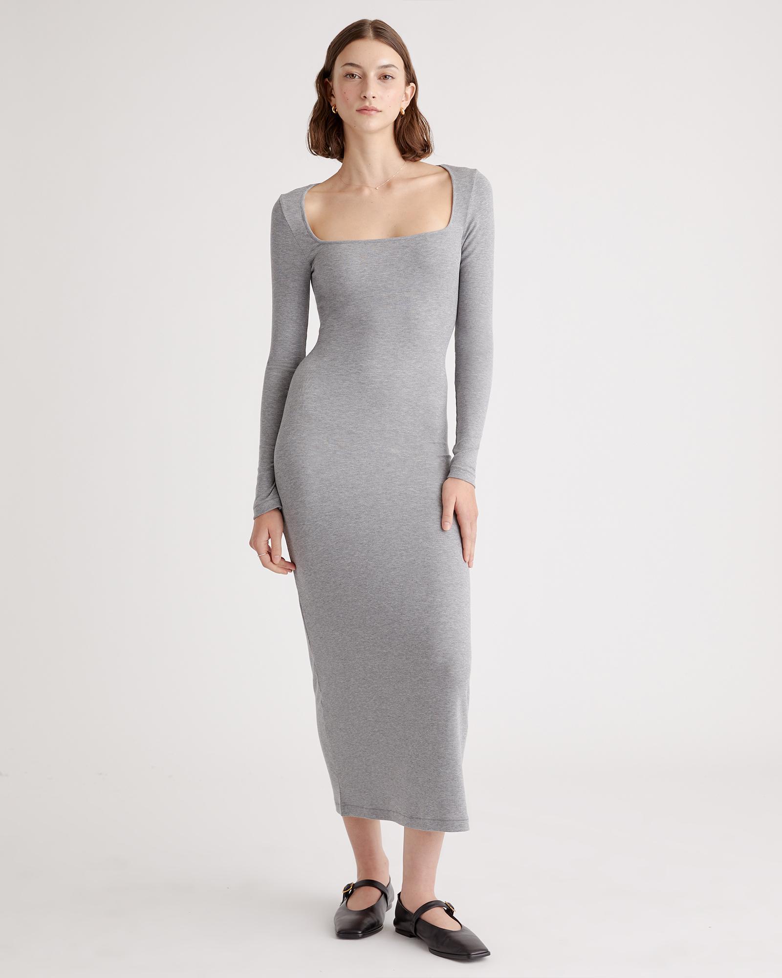 Womens Tencel Rib Knit Long Sleeve Square Neck Dress in Heather Grey, Size Large by Quince Product Image