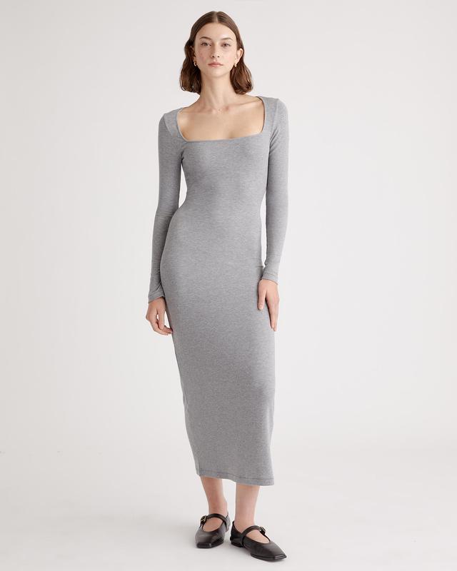 Tencel Rib Knit Long Sleeve Square Neck Dress Product Image