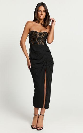 Janet Midi Dress - Strapless Sweetheart Draped Skirt Dress in Black Product Image