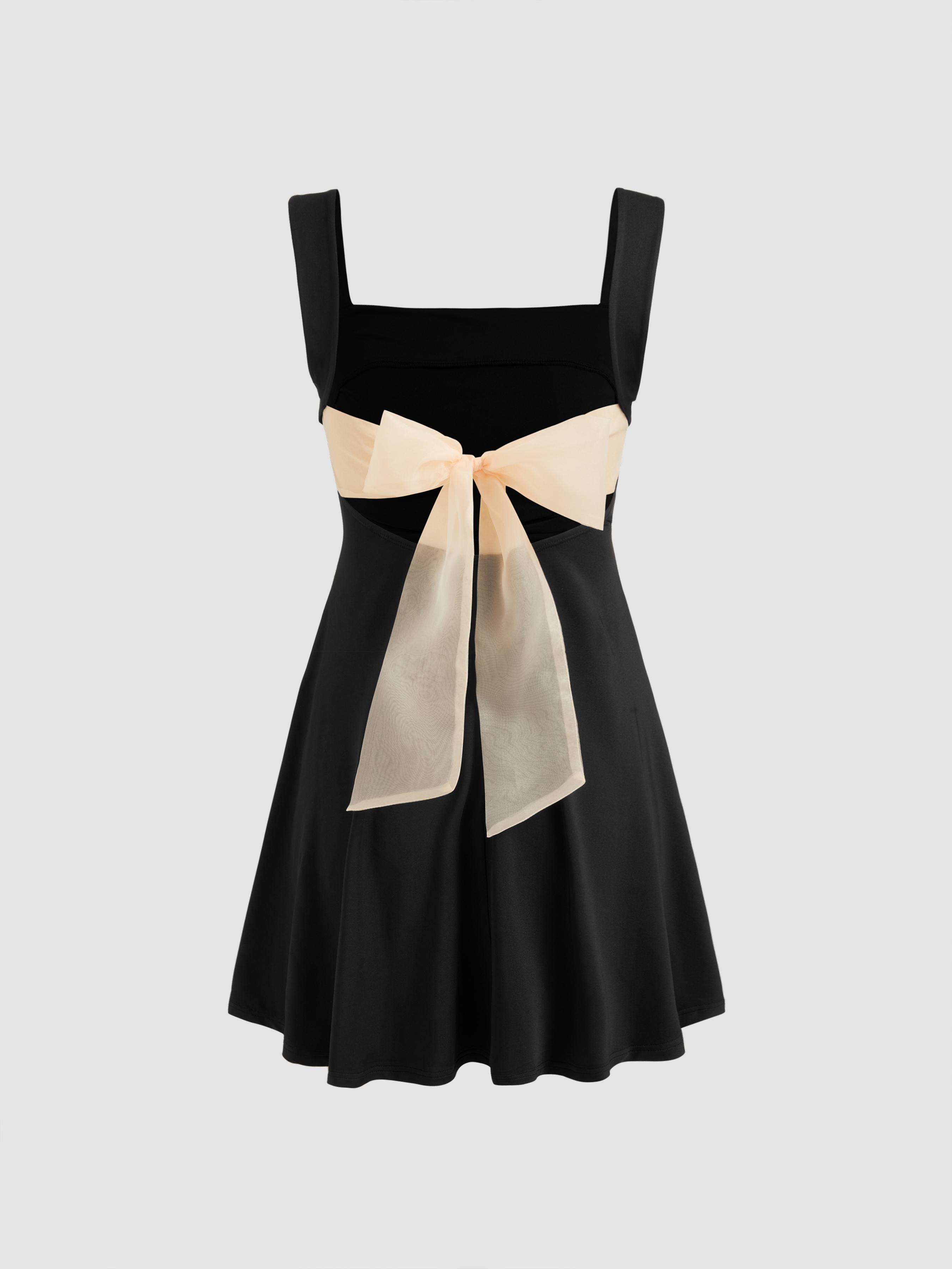 Square Neck Solid Bowknot Ruffle Mini Dress Product Image