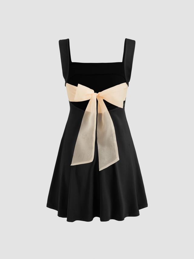 Square Neck Solid Bowknot Ruffle Mini Dress Product Image