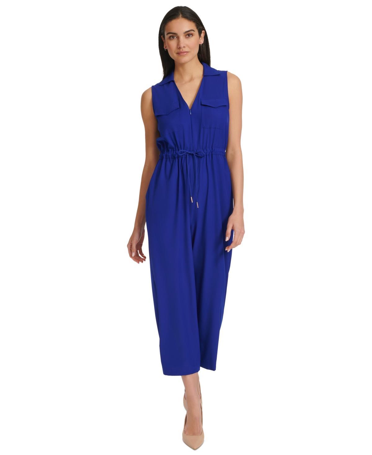 Calvin Klein Womens Collared V-Neck Straight-Leg Jumpsuit Product Image