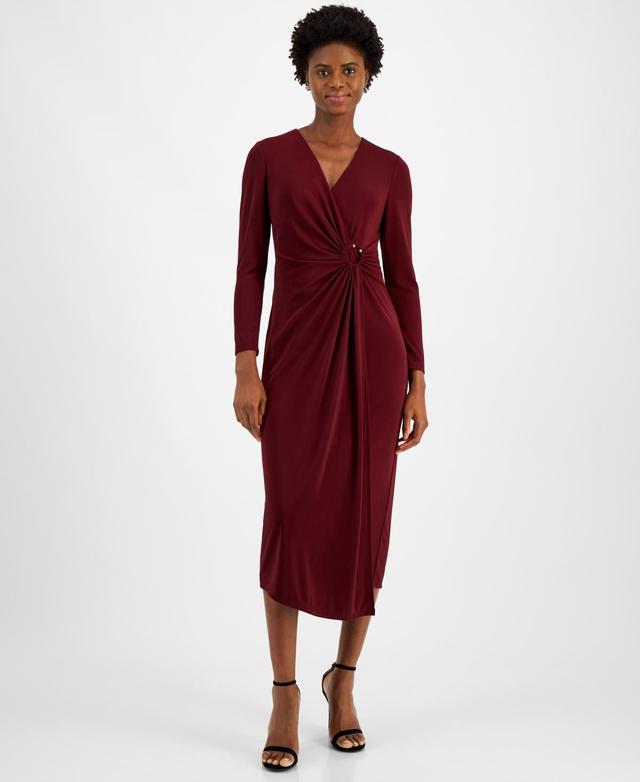 Anne Klein Womens V-Neck Side-Ruched Jersey Midi Dress Product Image