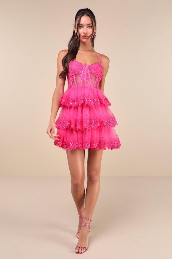 Exquisite Drama Hot Pink Embroidered Sequin Tiered Mini Dress Product Image