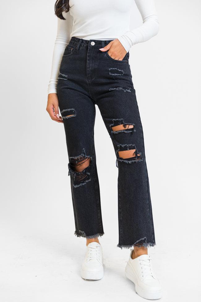 Megan Black Wash Distressed Straight Leg Mom Jeans Product Image