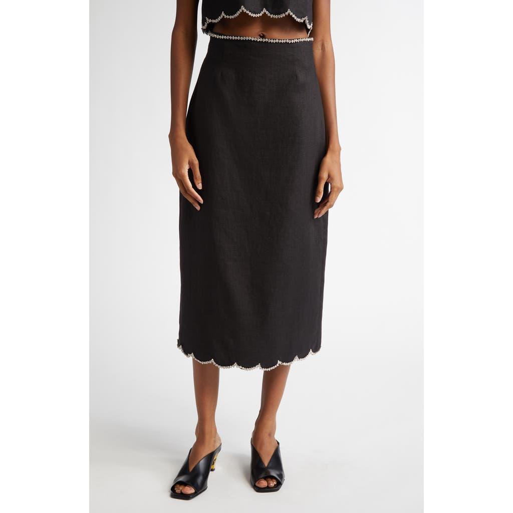 ZIMMERMANN Crystal Embellished Scalloped Linen Midi Skirt In Black Product Image