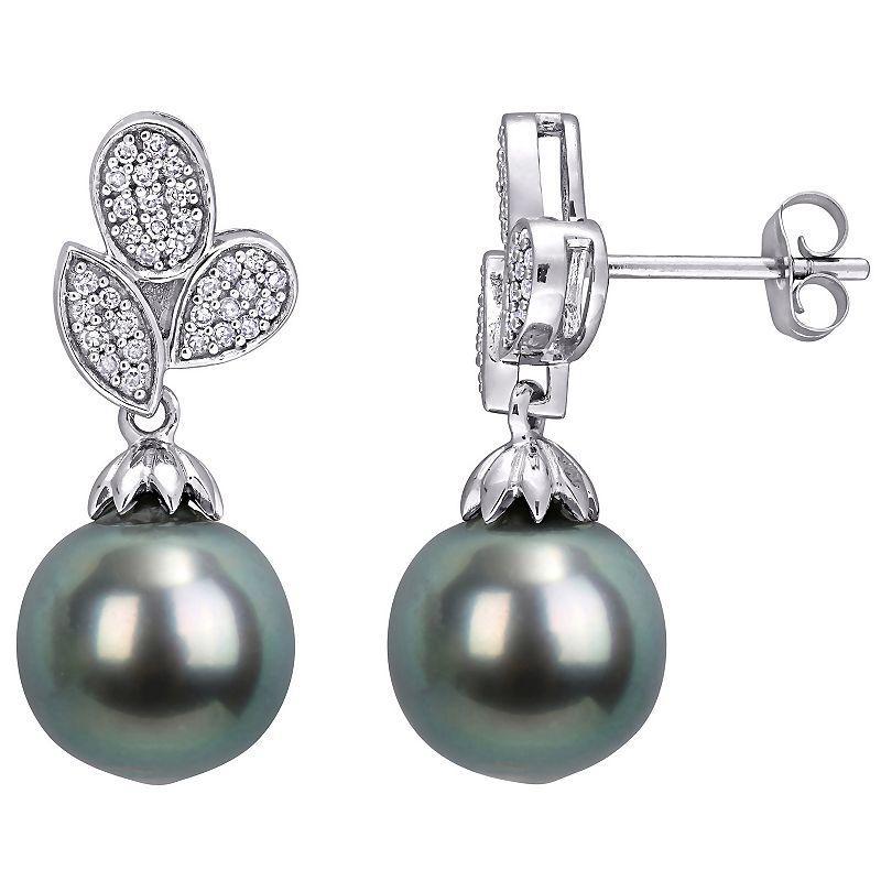 Stella Grace 10k White Gold Tahitian Cultured Pearl & 1/5 Carat T.W. Diamond Floral Drop Earrings, Womens, Black Product Image