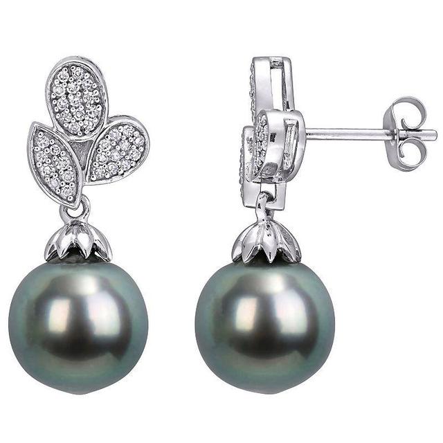 Stella Grace 10k White Gold Tahitian Cultured Pearl & 1/5 Carat T.W. Diamond Floral Drop Earrings, Womens Product Image