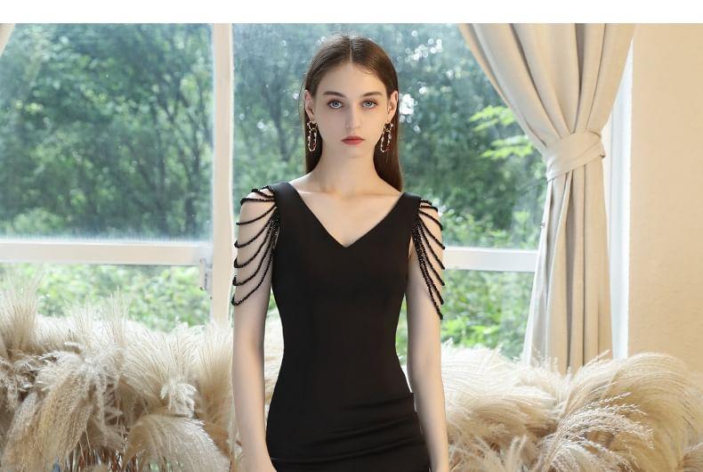 Sleeveless V-Neck Beaded Bodycon Mini Dress Product Image