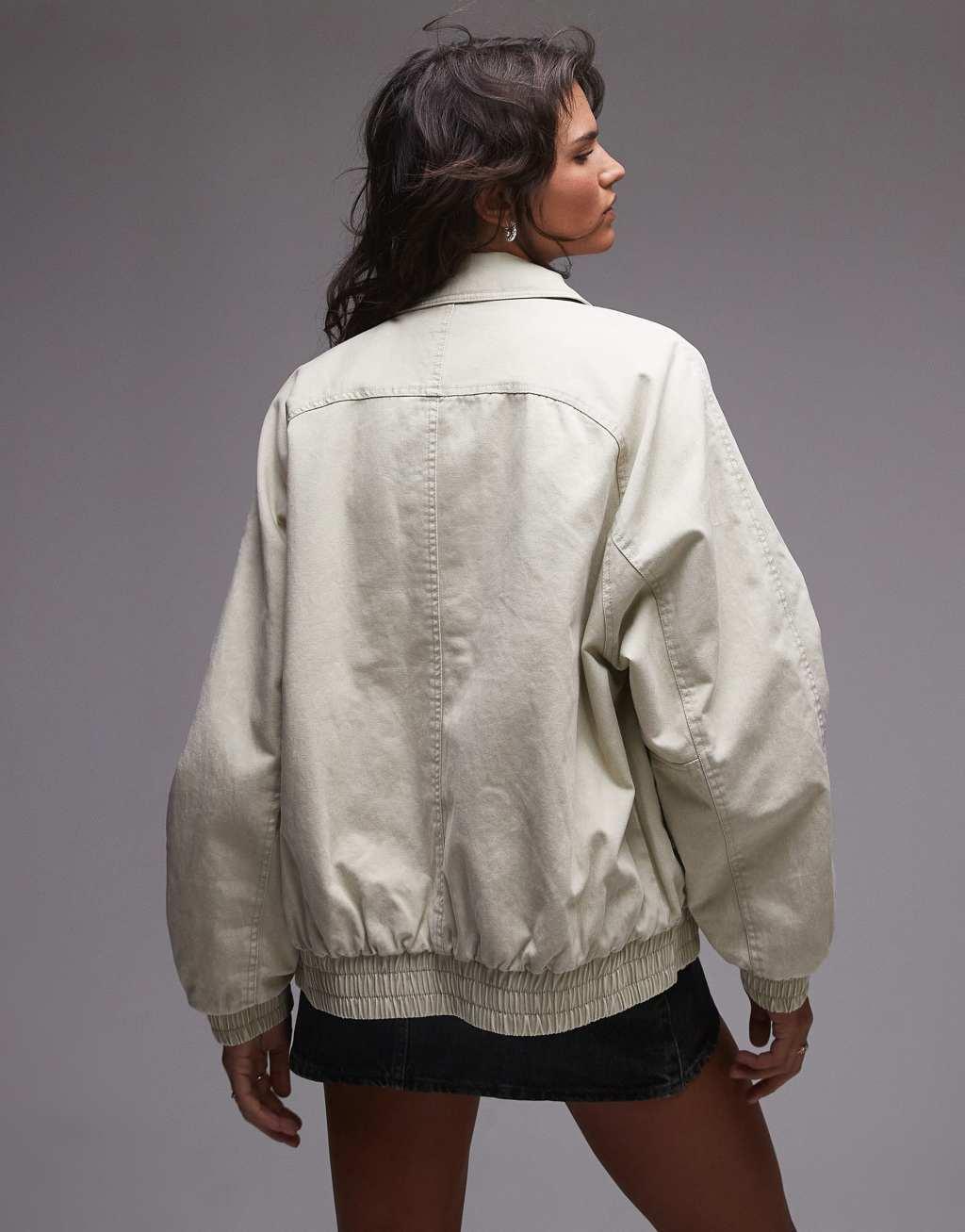 Topshop acid washed bomber jacket in stone Product Image