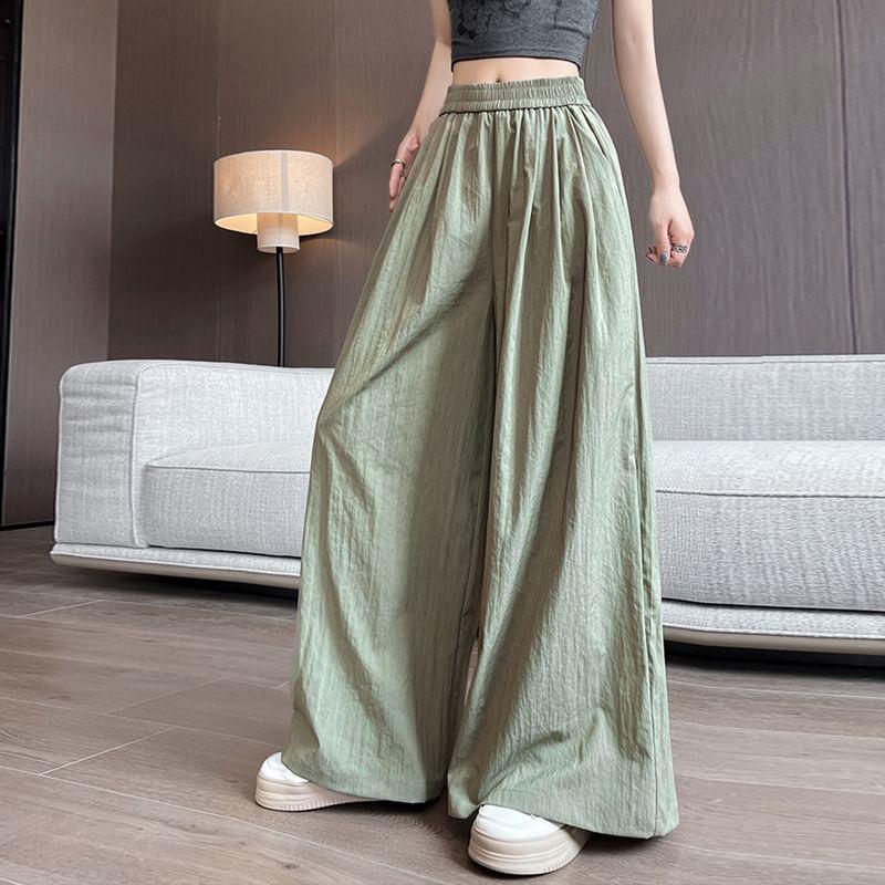 Elastic Waist Plain Ruched Wide Leg Pants Product Image