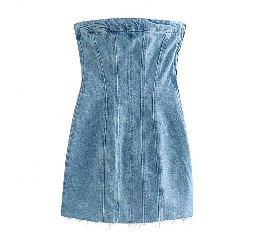 Strapless Washed Tassel Trim Mini Denim Bodycon Dress Product Image