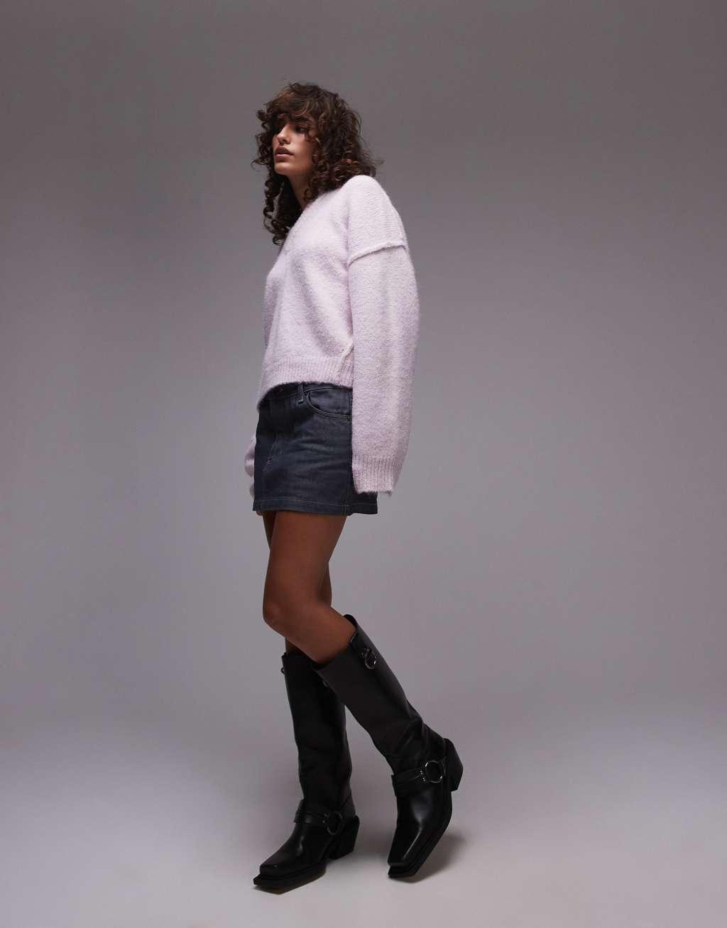 Topshop knitted high v-neck fluffy sweater in lilac Product Image