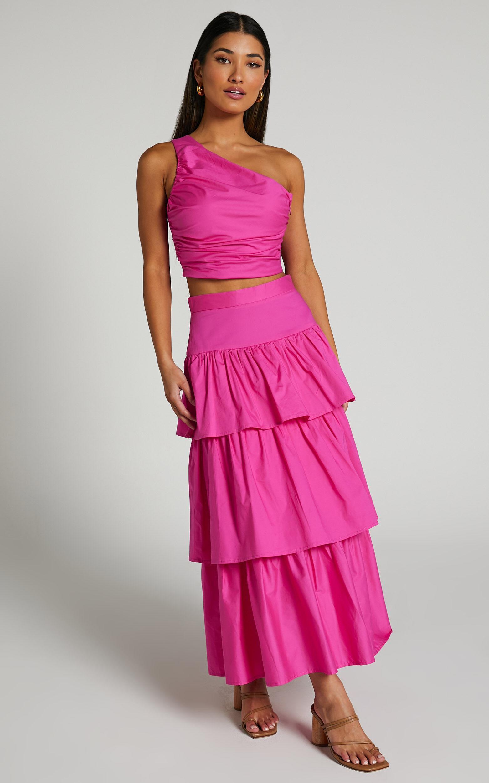 Kaycie Two Piece Set - One Shoulder Asymmetrical Ruched Top and Tiered Midi Skirt Set in Pink Product Image