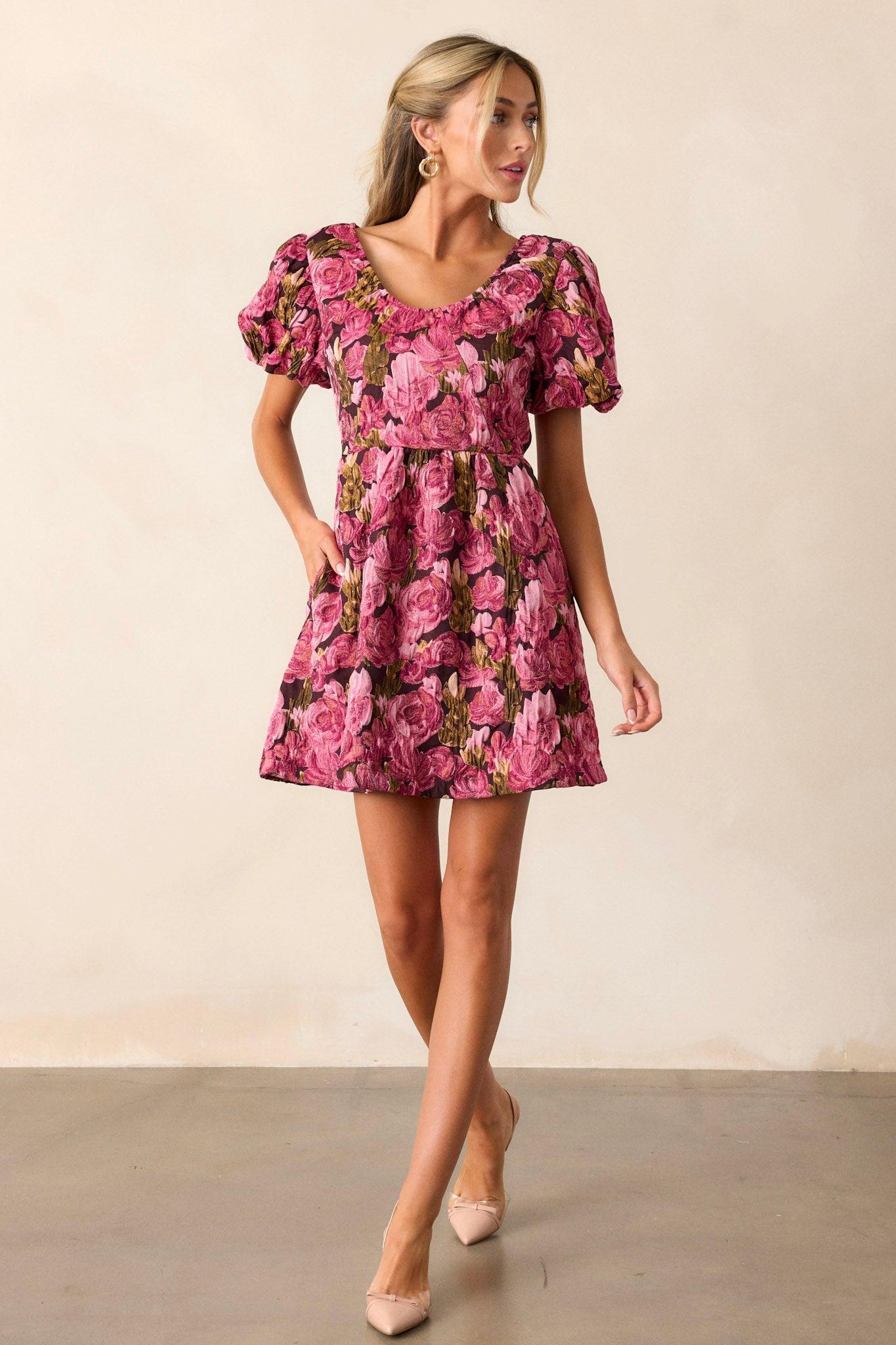 Change Of Pace Berry Floral Jacquard Puff Sleeve Mini Dress Product Image