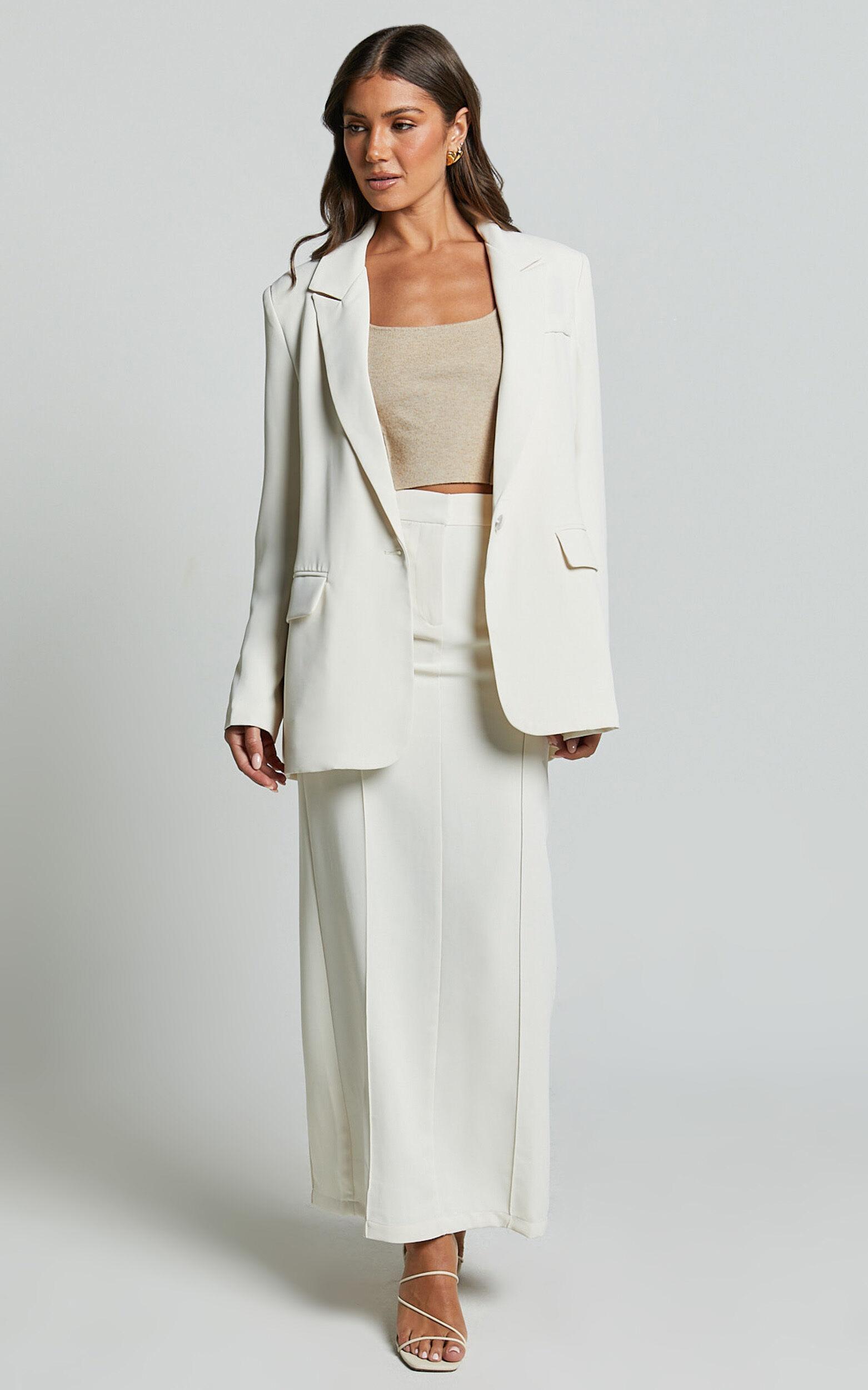 Michelle Blazer - Oversized Plunge Neck Button Up Blazer in Stone Product Image