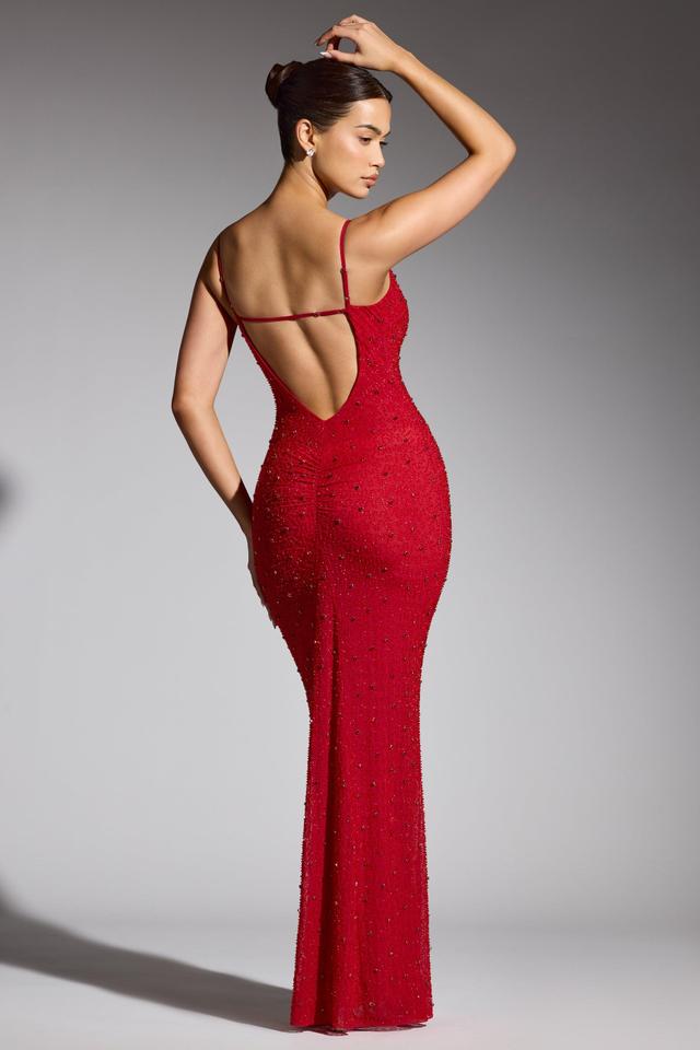 Embellished Plunge Neck Evening Gown in Red Product Image