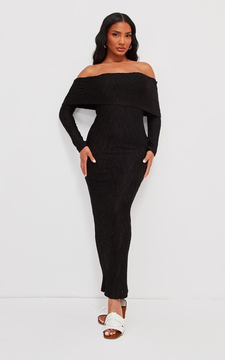 Black Textured Oversized Fold Over Bardot Maxi Dress Product Image