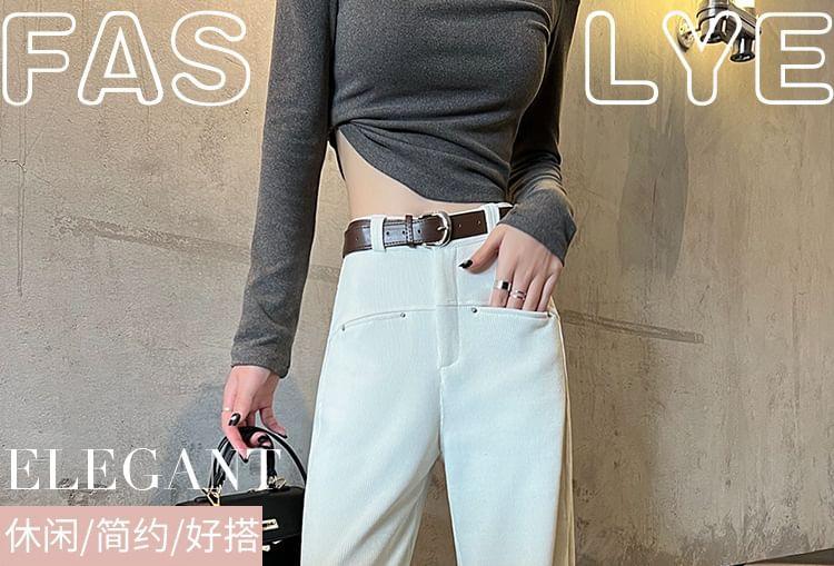 High Rise Plain Fleece-Lined Corduroy Wide Leg Pants Product Image