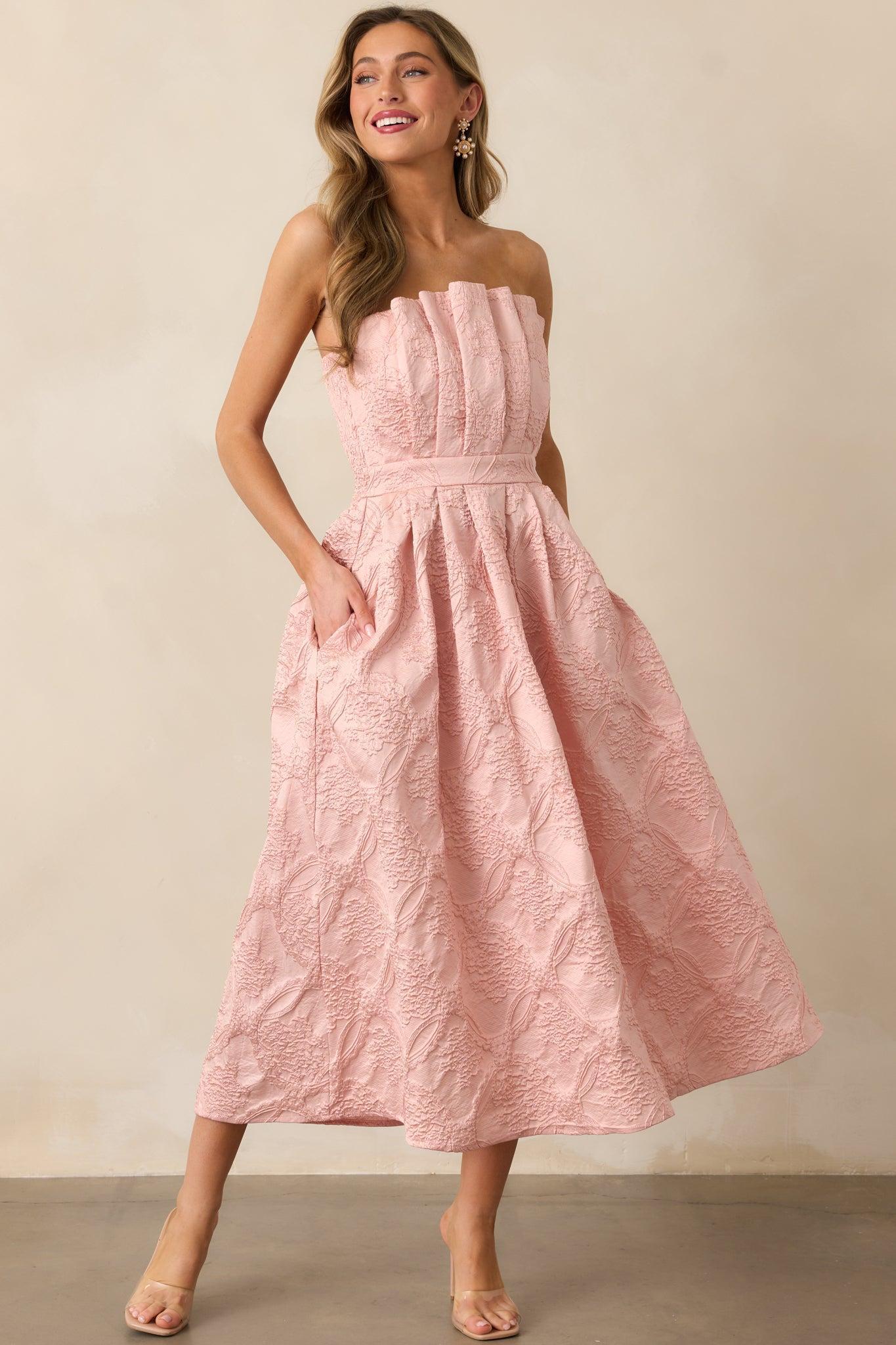 The Genevieve Blush Floral Jacquard Strapless Midi Dress Product Image