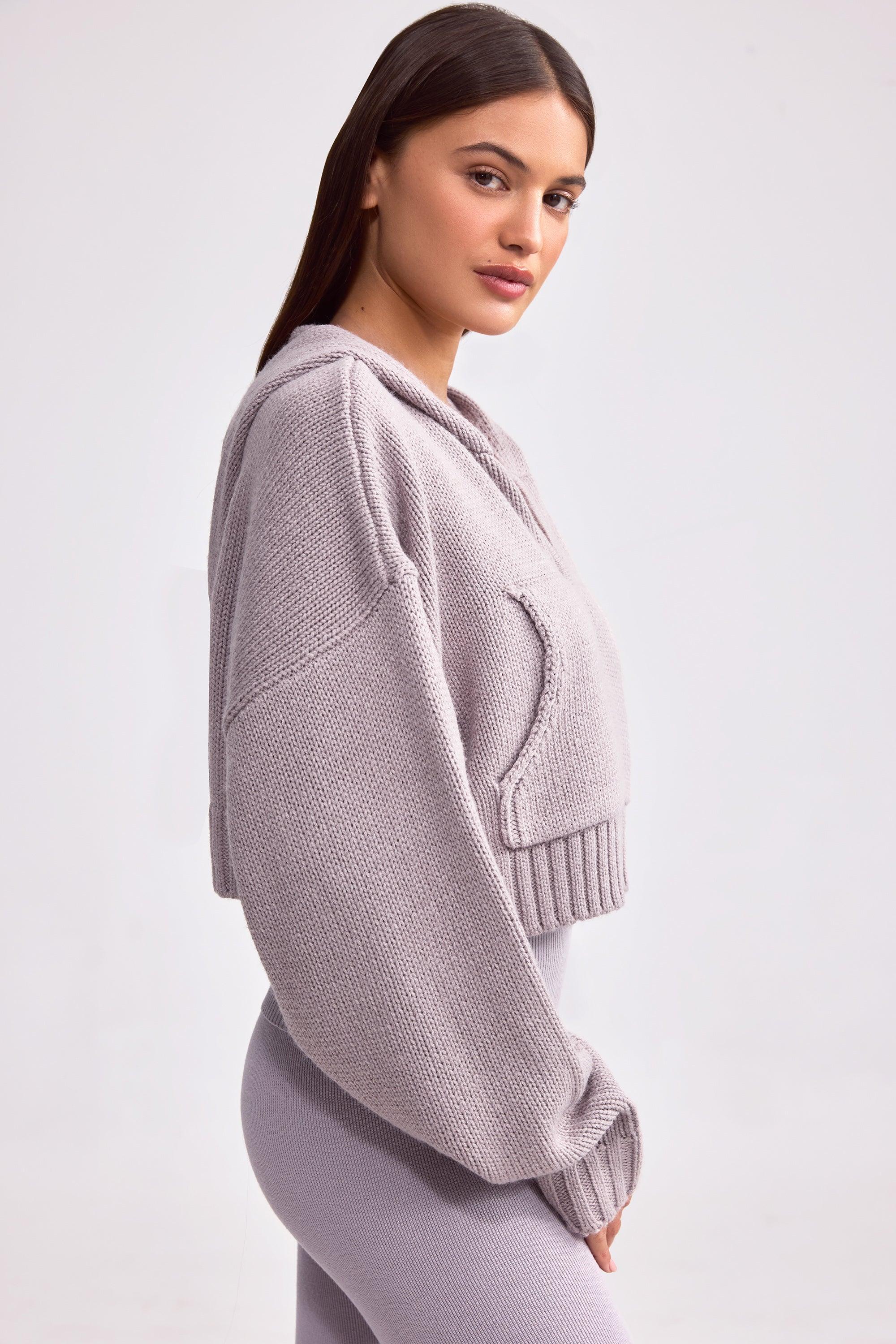 Cropped Zip-Up Chunky Knit Hoodie in Dusty Lavender Product Image