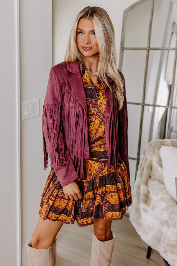 Boho Flow Faux Suede Fringe Jacket in Maroon Product Image