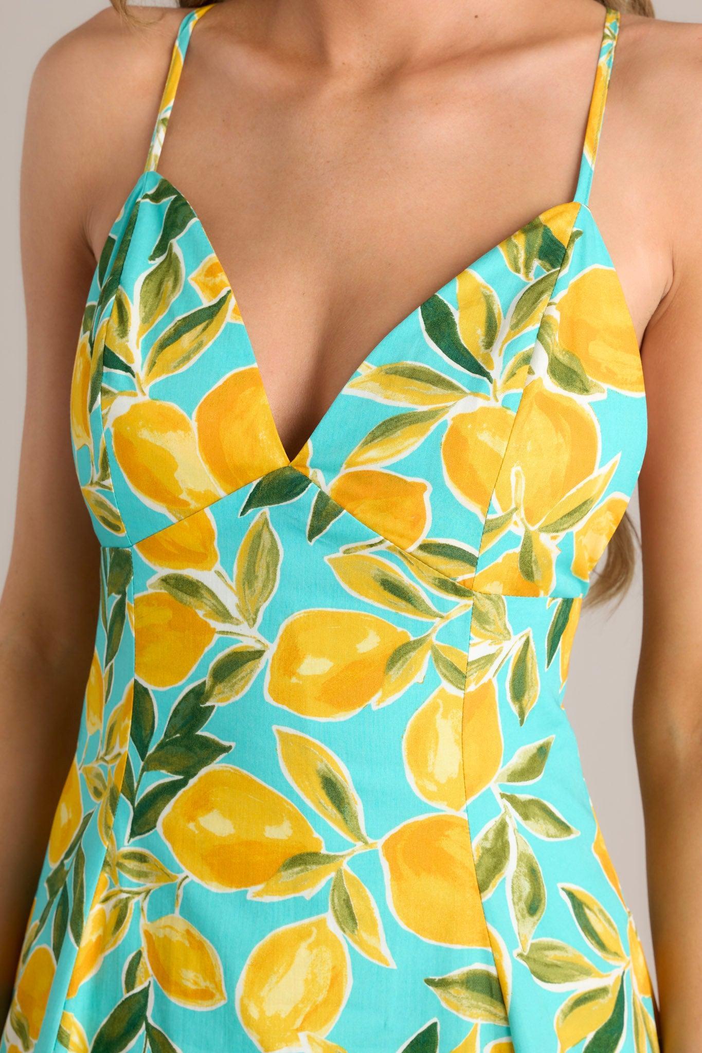 Sunshine Squeeze Aqua Lemon Print Midi Dress Product Image