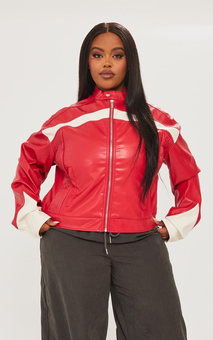 Plus Red PU Racer Neck Pleated Detail Jacket Product Image