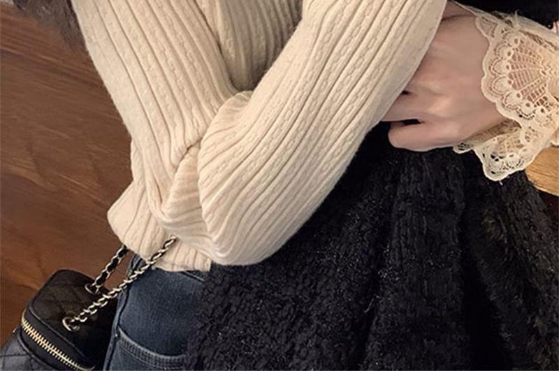 Long Sleeve Mock Neck Plain Lace Trim Ribbed Knitted Top Product Image