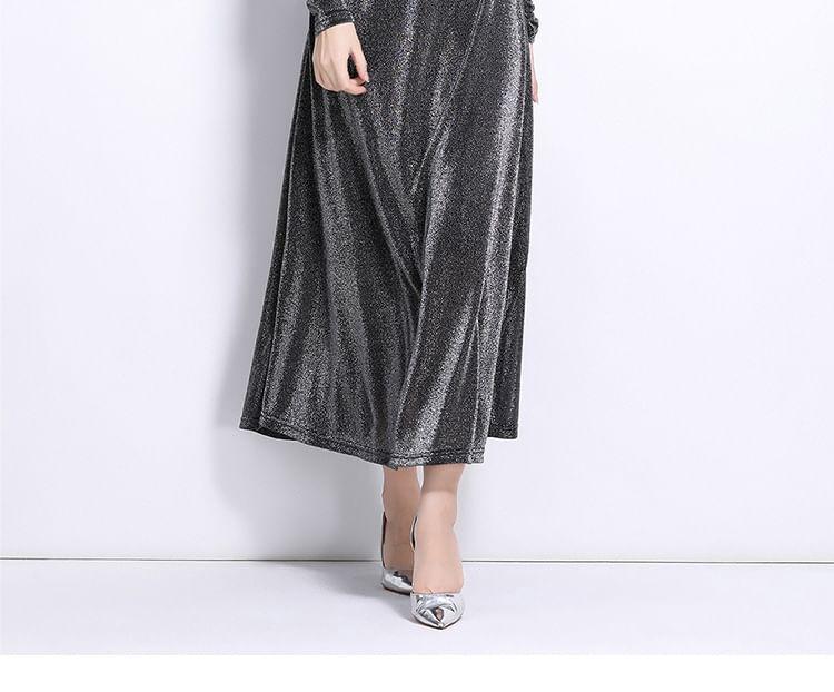 Long Sleeve V-Neck Plain Glitter Twist Maxi A-Line Dress Product Image