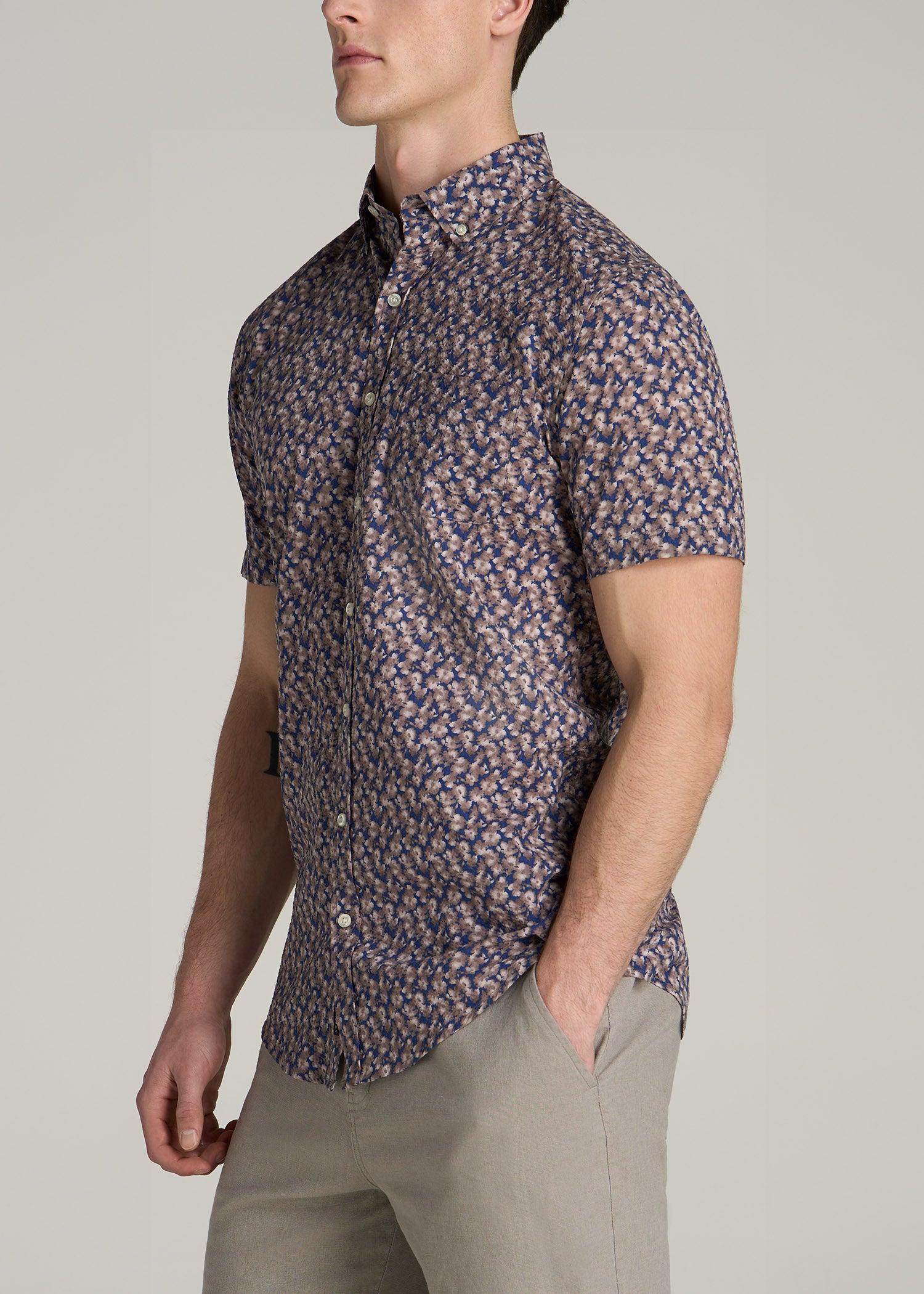 Seersucker Tall Men's Short Sleeve Shirt in Beige & Indigo Blossom Print Product Image