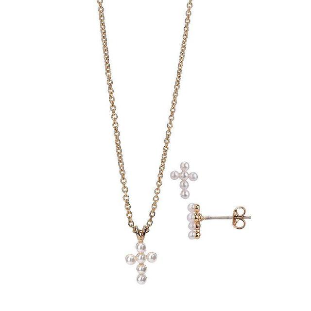 FAO Schwarz Gold Tone Simulated Pearl Cross Pendant & Necklace Set, Womens Product Image