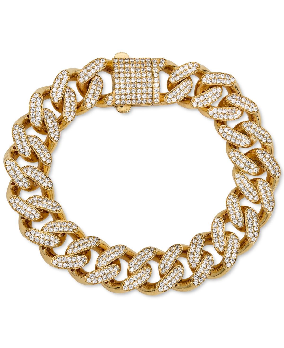 Mens Cubic Zirconia Curb Link Chain Bracelet in 24k Gold-Plated Sterling Silver Product Image