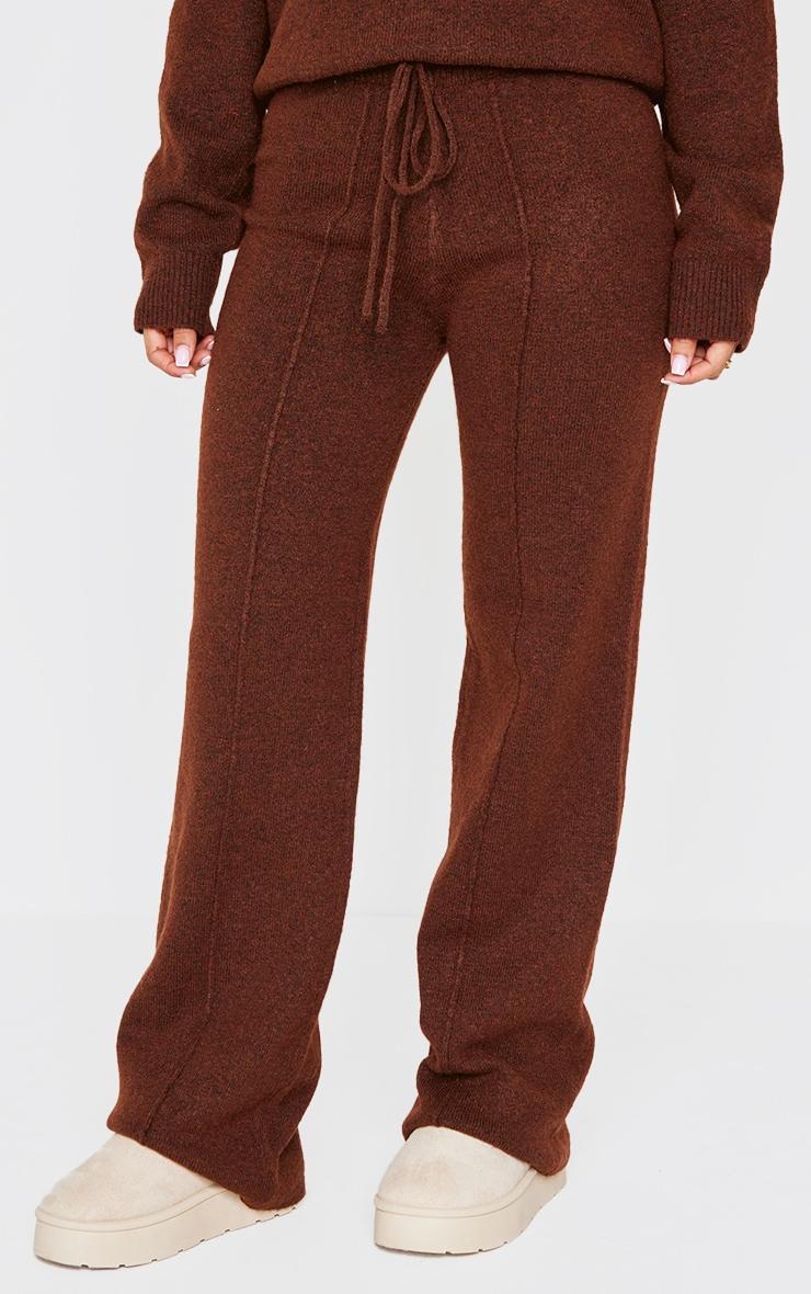 Petite Chocolate Knitted Seam Detail Wide Leg Pants Product Image