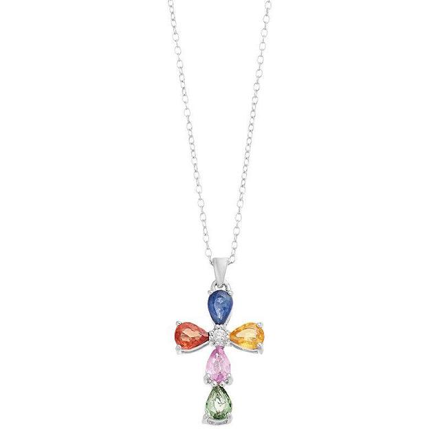 Sterling Silver Multi Sapphire & White Zircon Cross Pendant Necklace, Womens Product Image