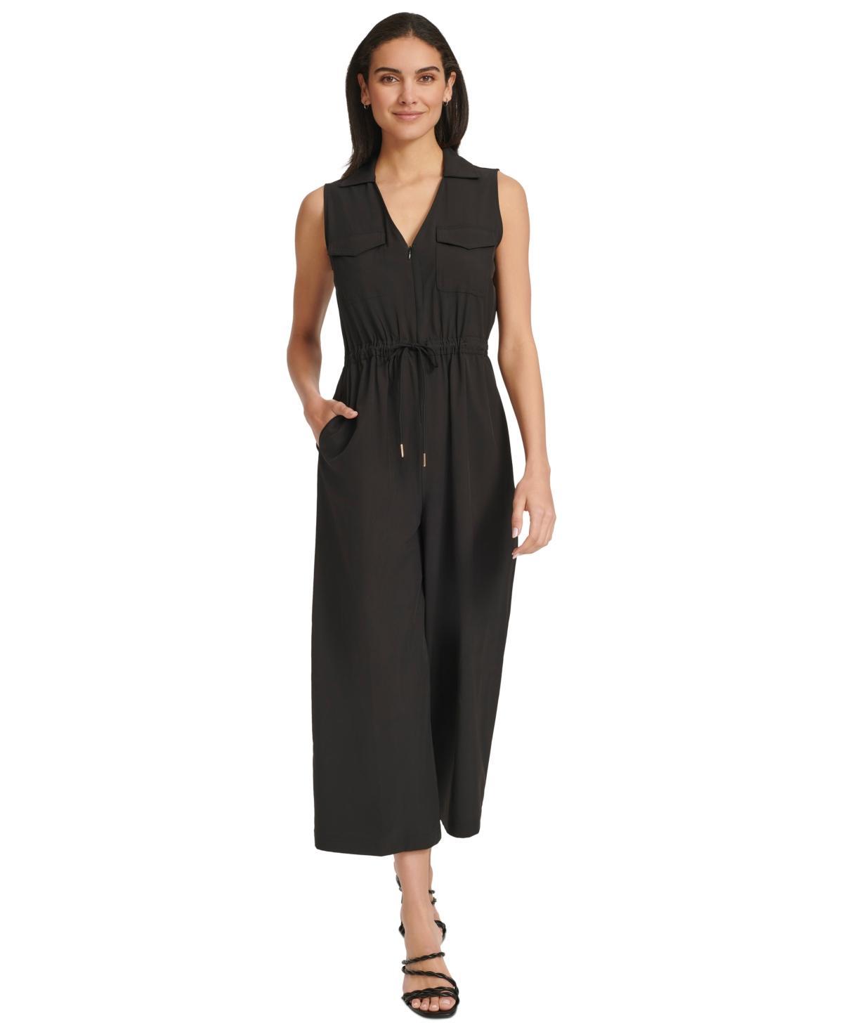 Calvin Klein Womens Collared V-Neck Straight-Leg Jumpsuit Product Image