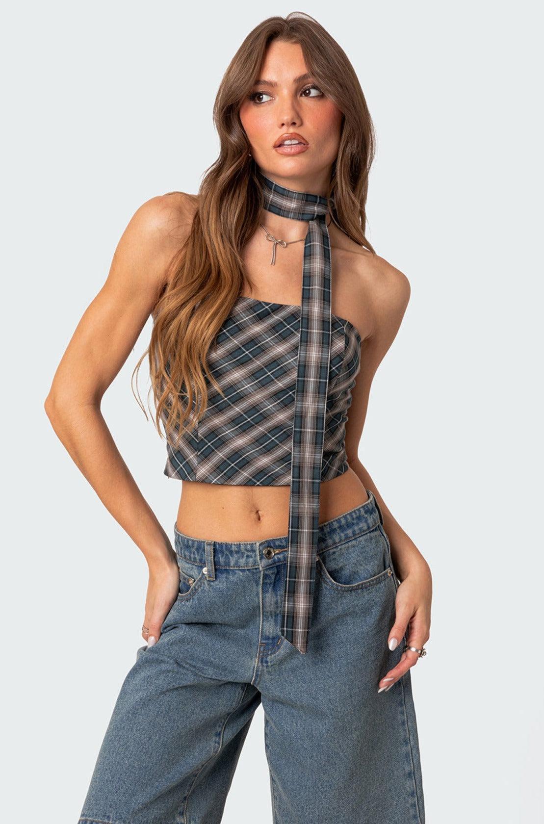 Plaid Two Piece Scarf Top Product Image