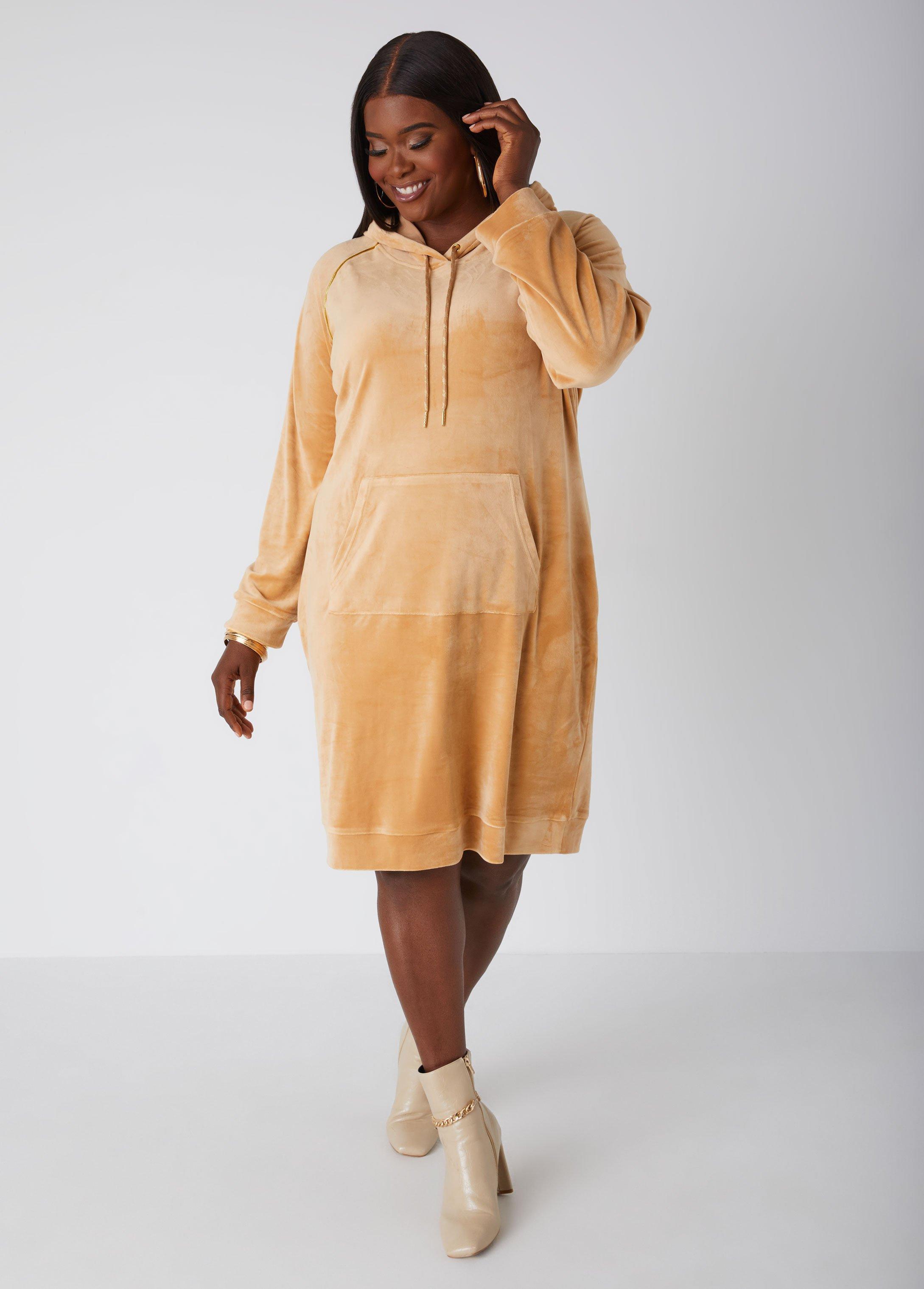 Plus Size Lurex Trimmed Hooded Velour Dress Ashley Stewart Product Image