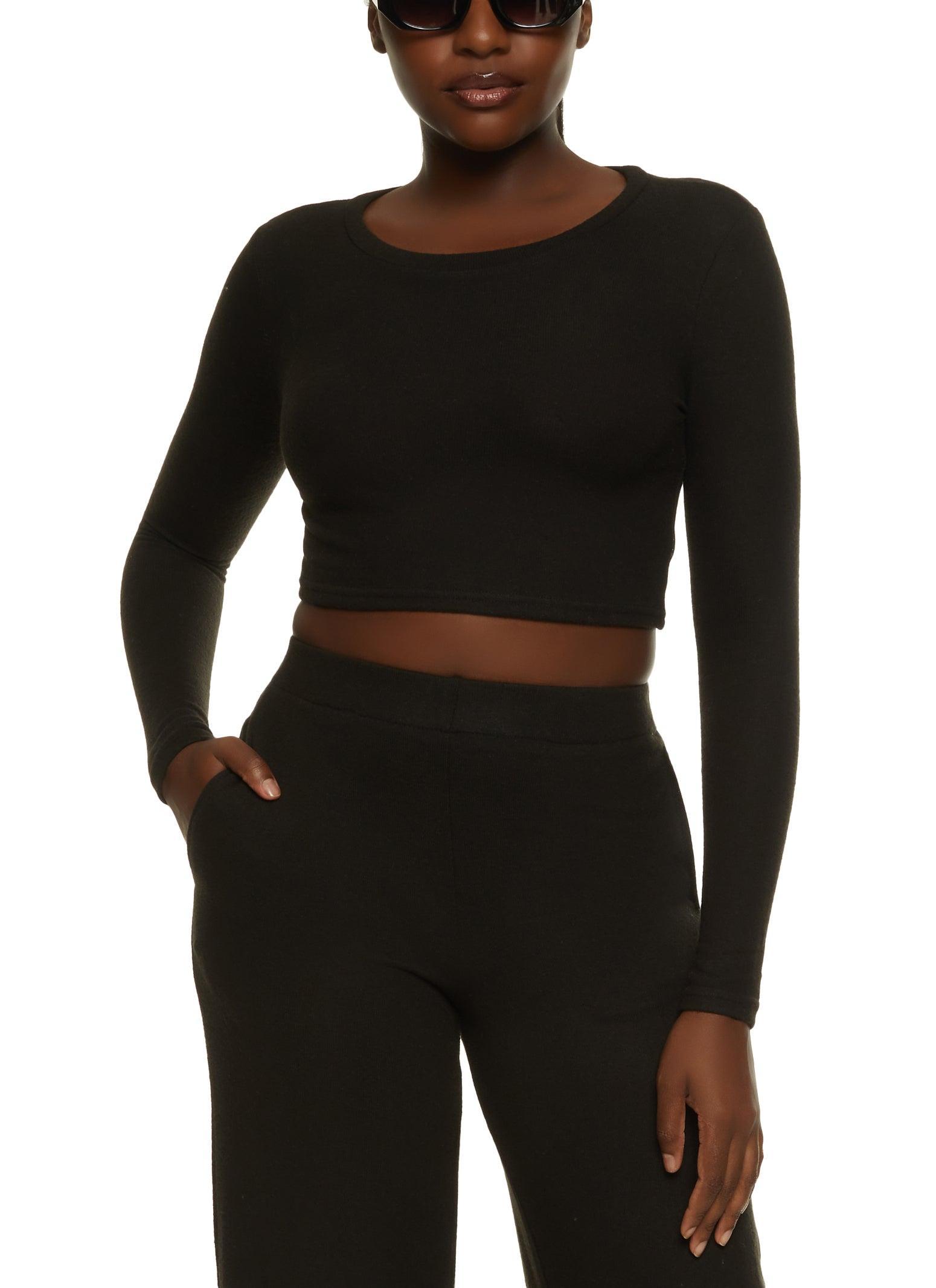 Womens Brushed Knit Crew Neck Crop Top Product Image