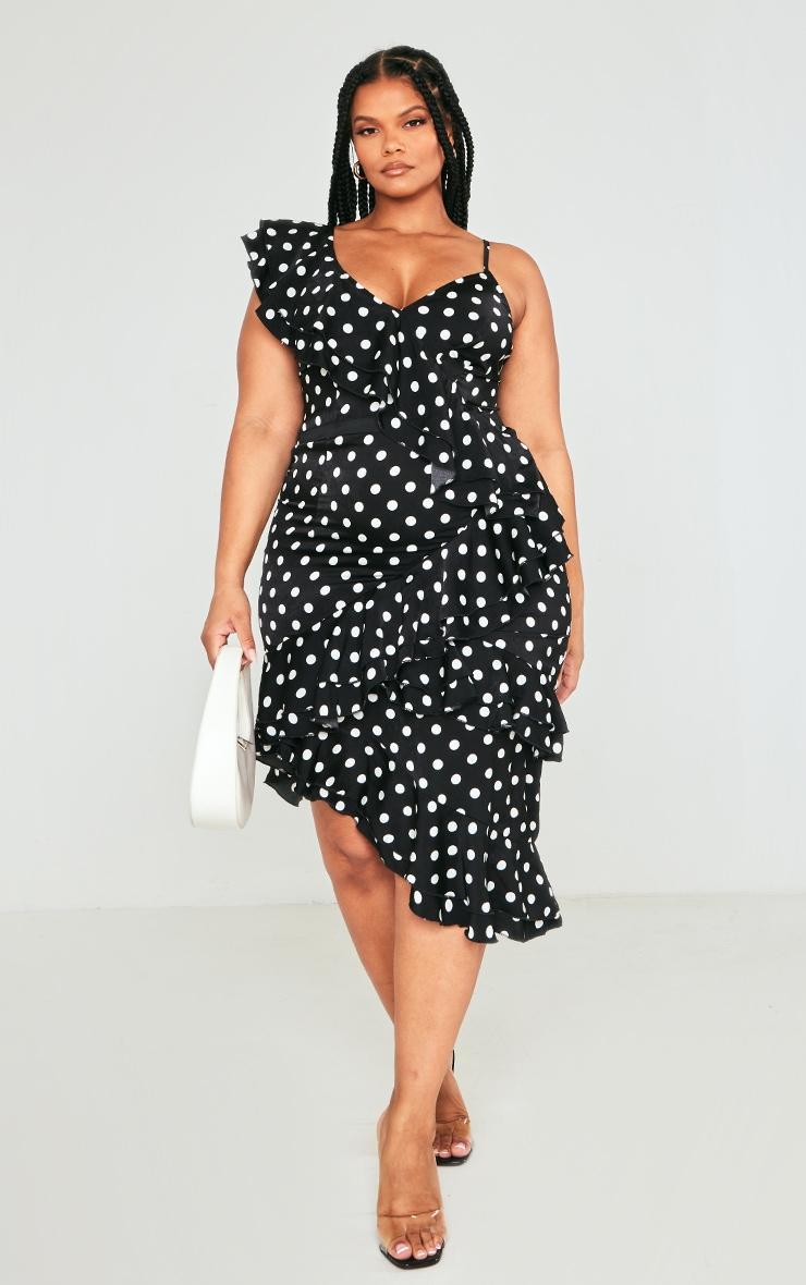 Plus Black Polka Dot Ruffle Detail Midi Dress Product Image