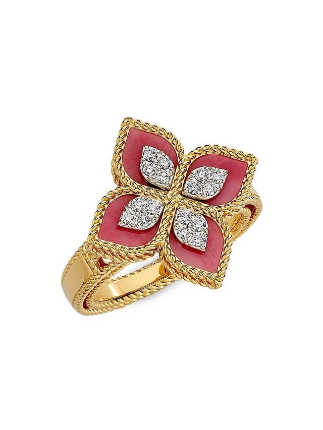 Womens Venetian Princess 18K Yellow Gold, Rhodonite & 0.15 TCW Diamond Flower Ring Product Image