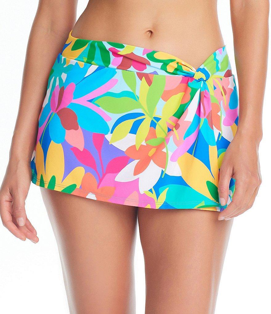 Bleu Rod Beattie Away We Go Floral Print Twisted Drape Skirted Swim Bottom Product Image