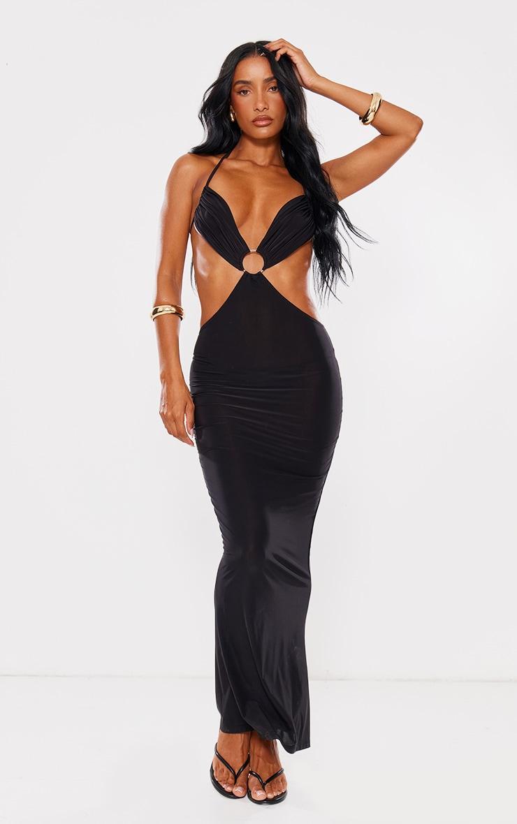 Black Slinky Cut Out Halterneck Maxi Dress Product Image