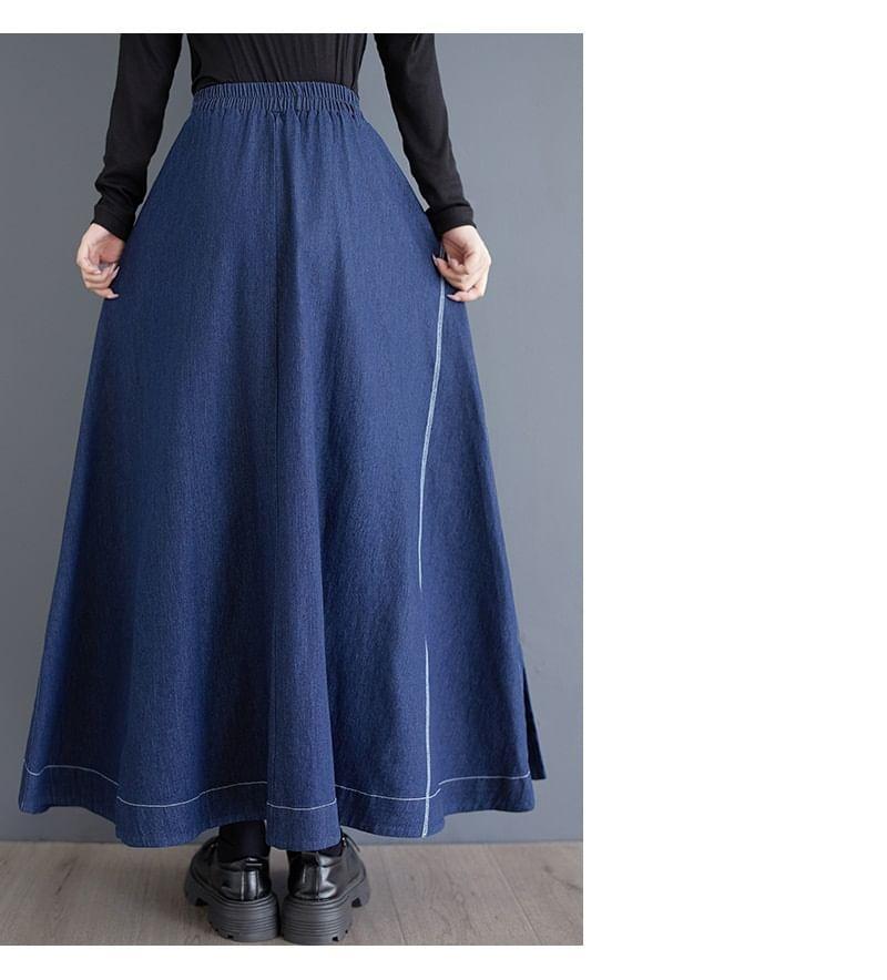 Elastic Waist Contrast Stitched Slit Denim Maxi A-Line Skirt Product Image