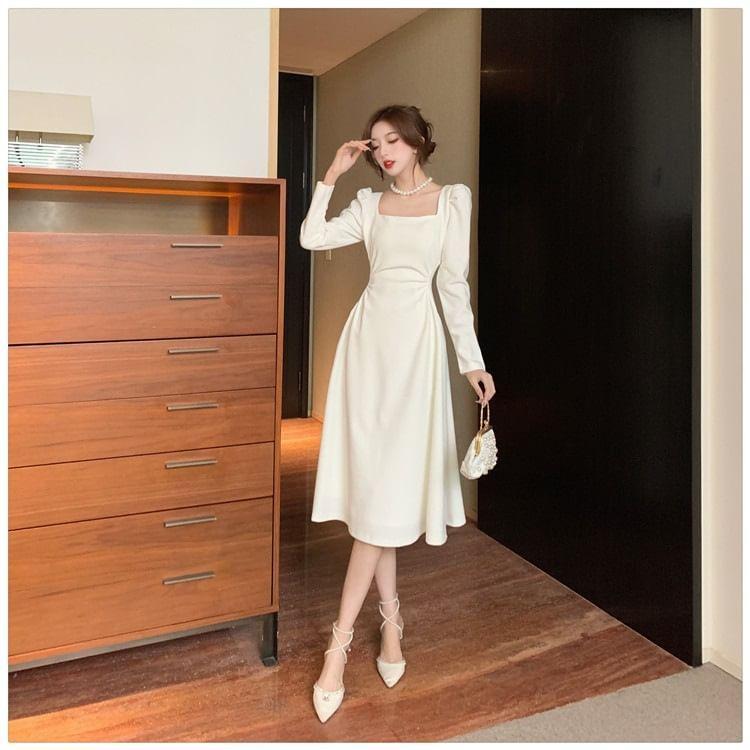 Long Sleeve Square Neck Plain Midi Dress Product Image