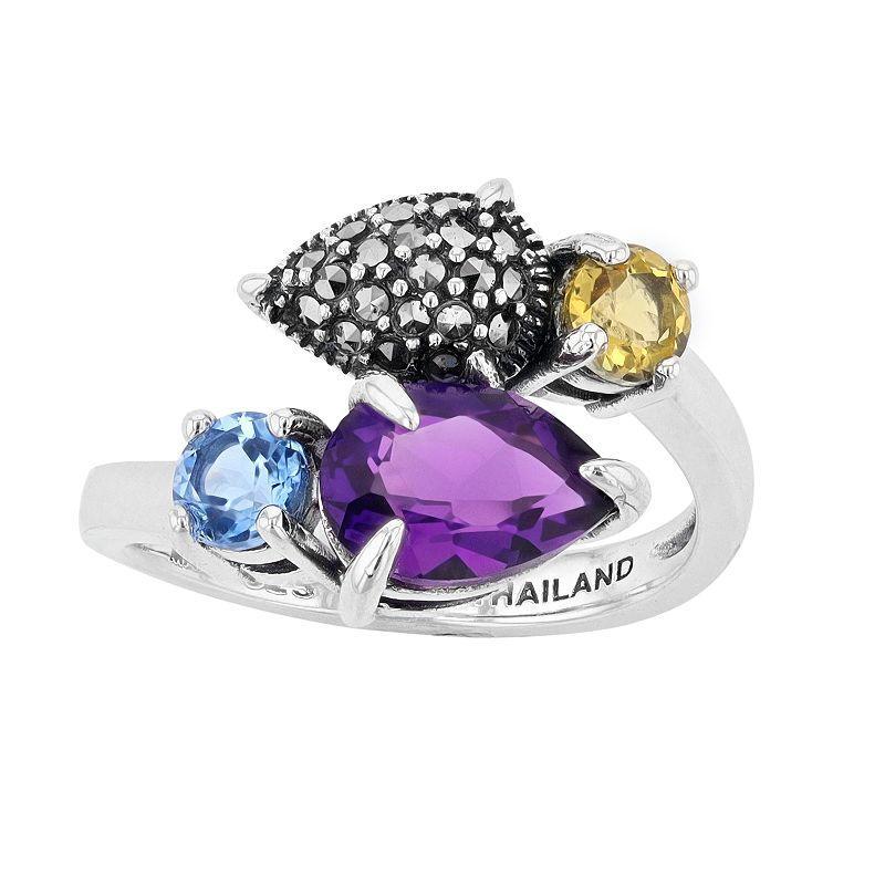 Lavish by TJM Sterling Silver Amethyst & Simulated Blue Quartz & Simulated Citrine with Marcasite 2-stone Ring, Womens Multicolor Product Image