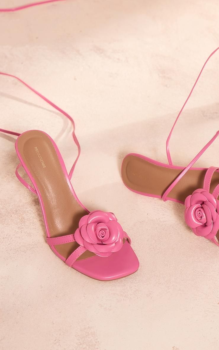 Pink PU Square Toe Corsage Strap Lace Up Heeled Sandals Product Image